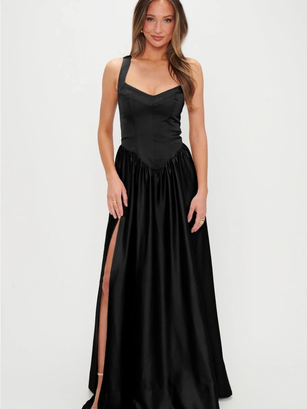SHOW ME YOUR MUMU Abigail Elegant Black Maxi Dress with Fitted Bodice Size XS